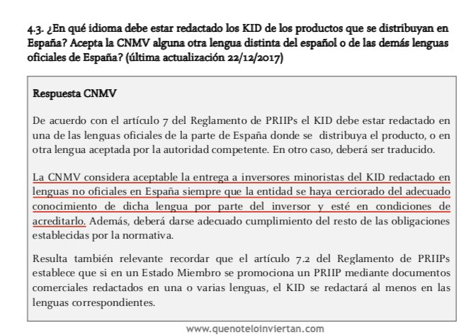 La CNMV permite la comercialización de PRIIPs cuyo KID no esté traducido siempre y cuando el inversor justificante el conocimiento del idioma del documento