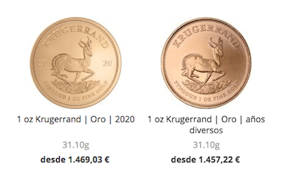 Precio de monedas de oro Krugerrand de 2020 frente a años diversos