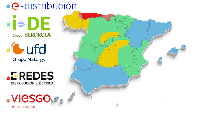Mapa de España y las distribuidoras eléctricas por área geográfica